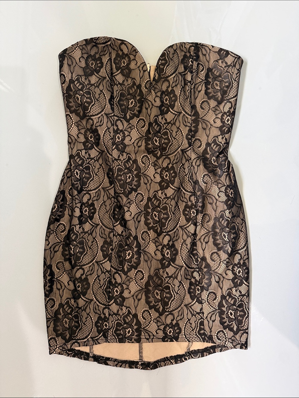 WYLDR Black Lace Over Nude Strapless Bodycon Dress